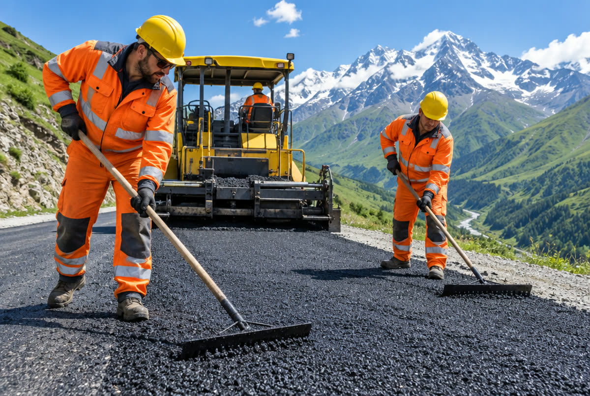 Dağ yolunda asfalt seren yol ekibi