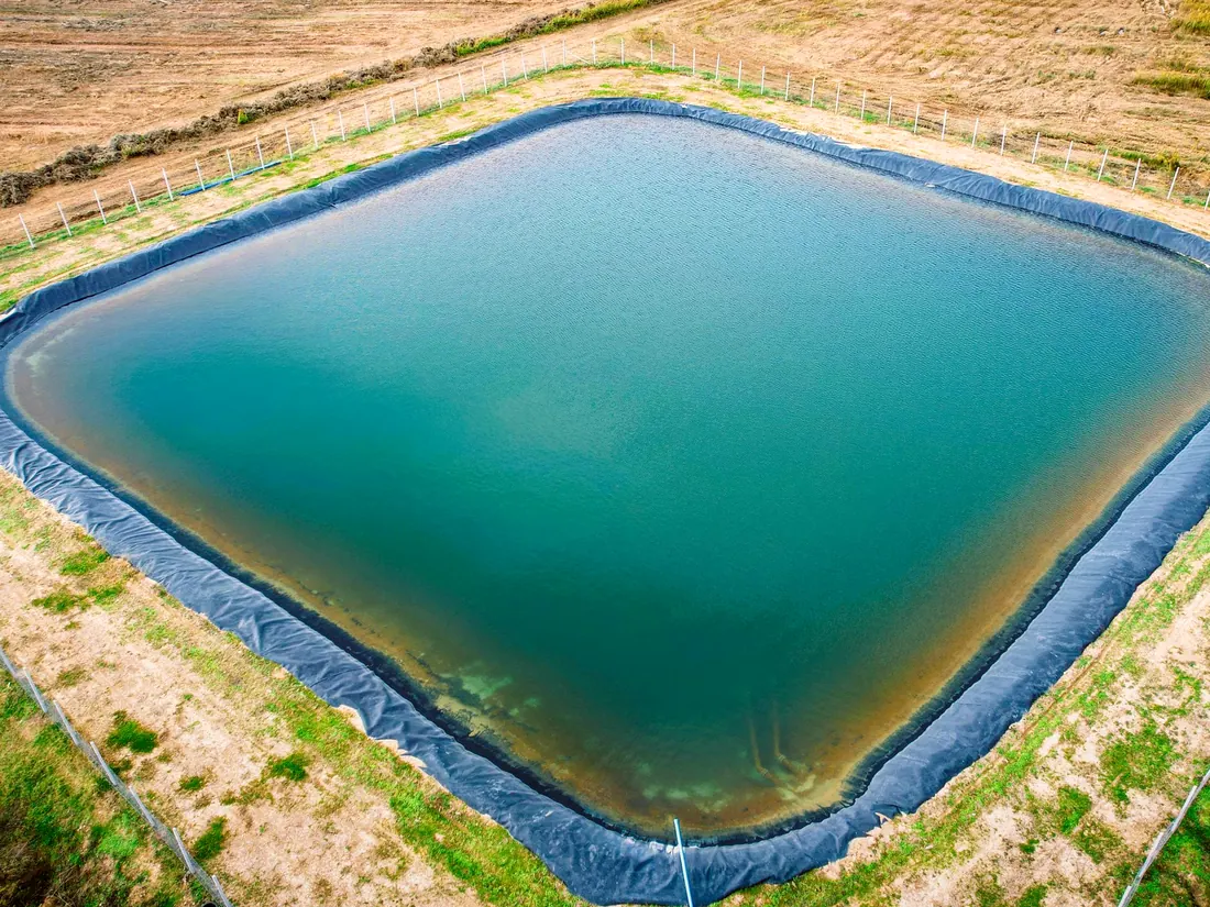 The farm’s lined water reservoir among the orchard plots